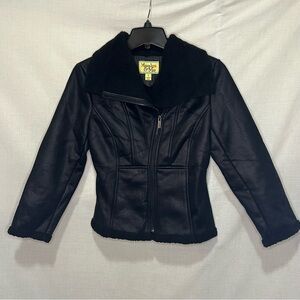 Maralyn & Me, Women's Black Leather Like Jacket with Faux Fur Collar, Size Small